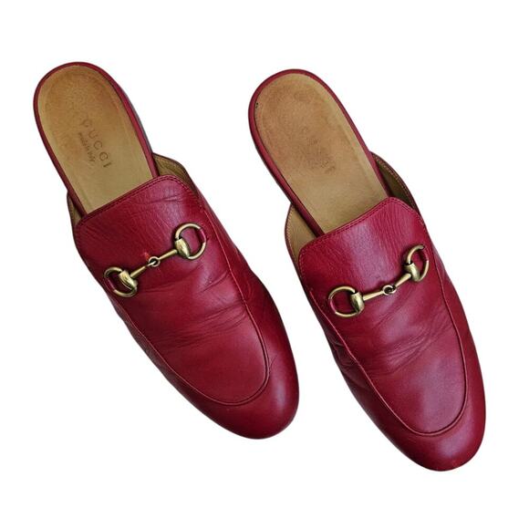 Gucci Princetown Horsebit Flat Mule Size 37.5 US 7.5 Red Leather Slipper - Picture 1 of 11